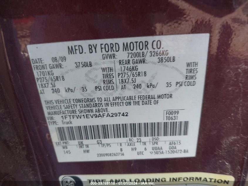 2010 Ford F-150 Fx4/Harley-Davidson/King Ranch/Lariat/Platinum/Xl/Xlt VIN: 1FTFW1EV9AFA29742 Lot: 39769118
