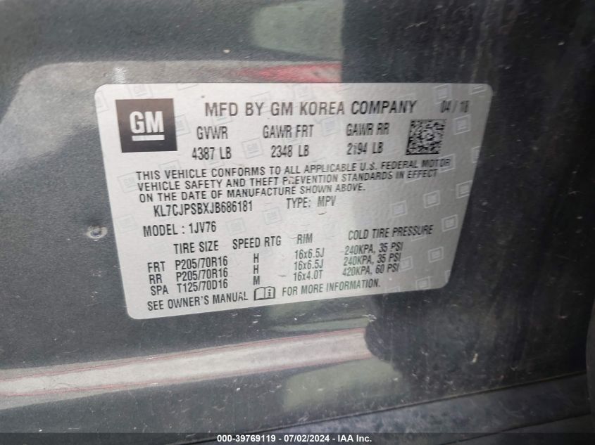 2018 Chevrolet Trax 1Lt VIN: KL7CJPSBXJB686181 Lot: 39769119