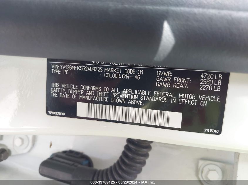 2016 Volvo S60 T5 Drive-E Premier VIN: YV126MFK5G2409725 Lot: 39769125