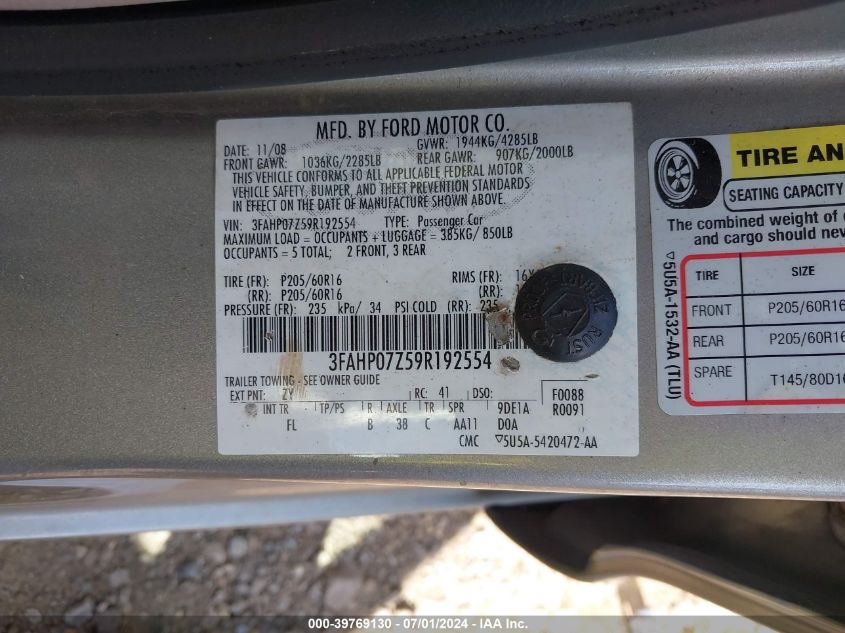 2009 Ford Fusion Se VIN: 3FAHP07Z59R192554 Lot: 39769130