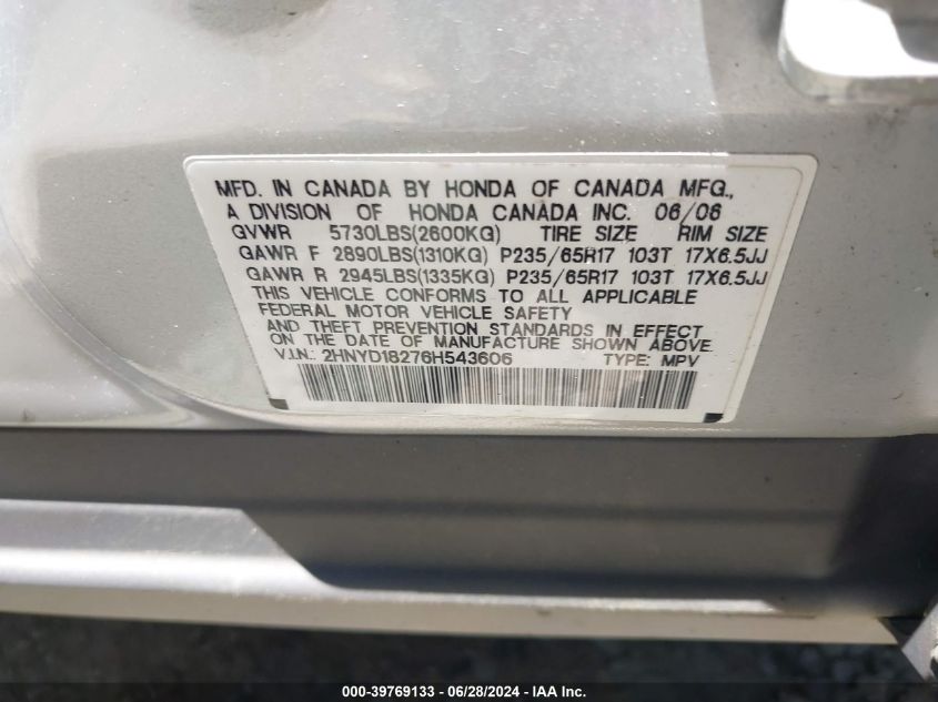 2006 Acura Mdx VIN: 2HNYD18276H543606 Lot: 39769133
