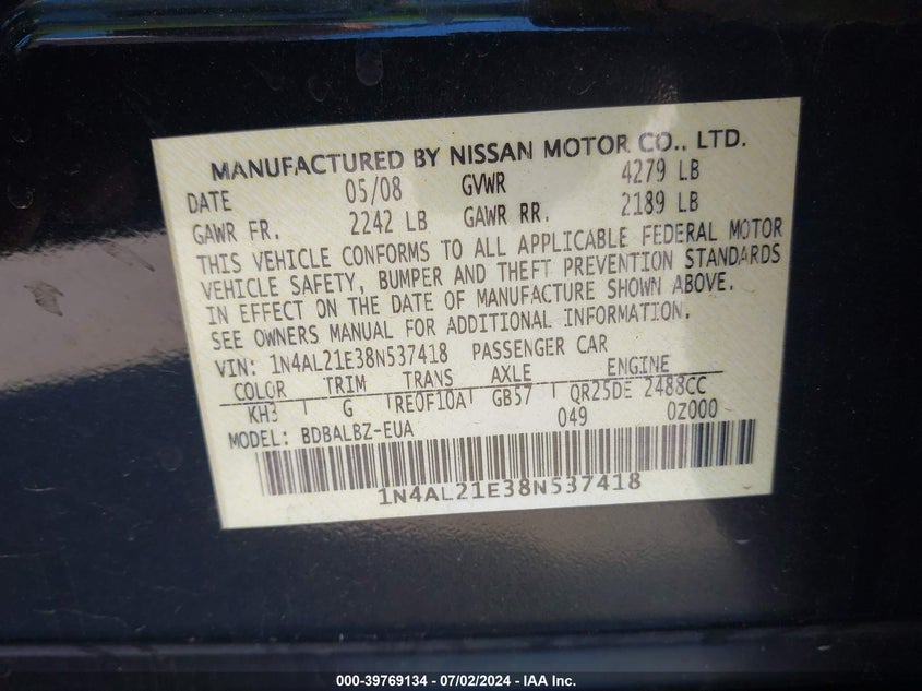 2008 Nissan Altima 2.5 S VIN: 1N4AL21E38N537418 Lot: 39769134