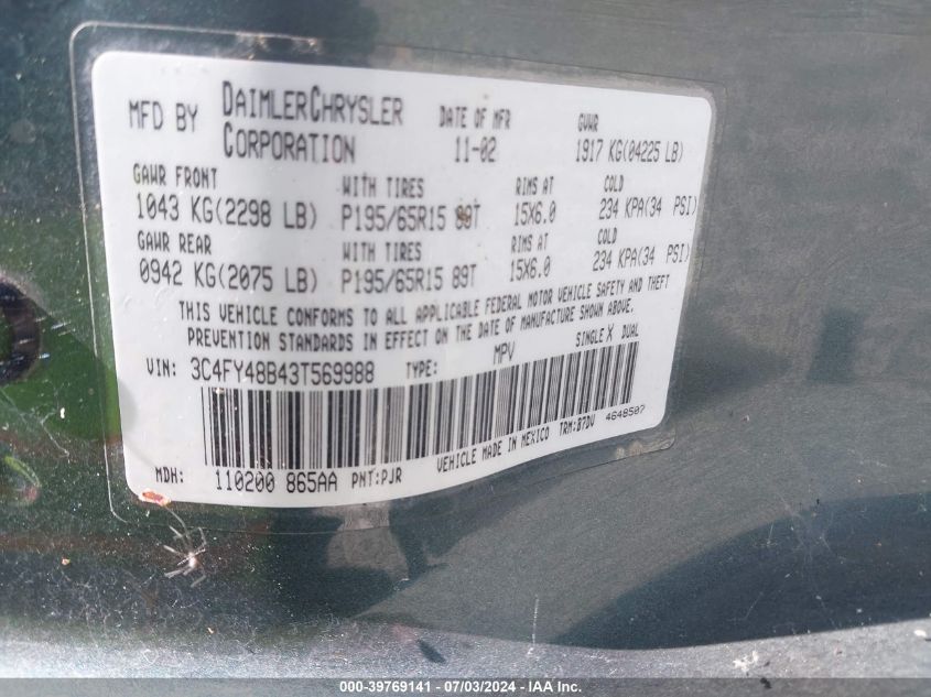 3C4FY48B43T569988 2003 Chrysler Pt Cruiser