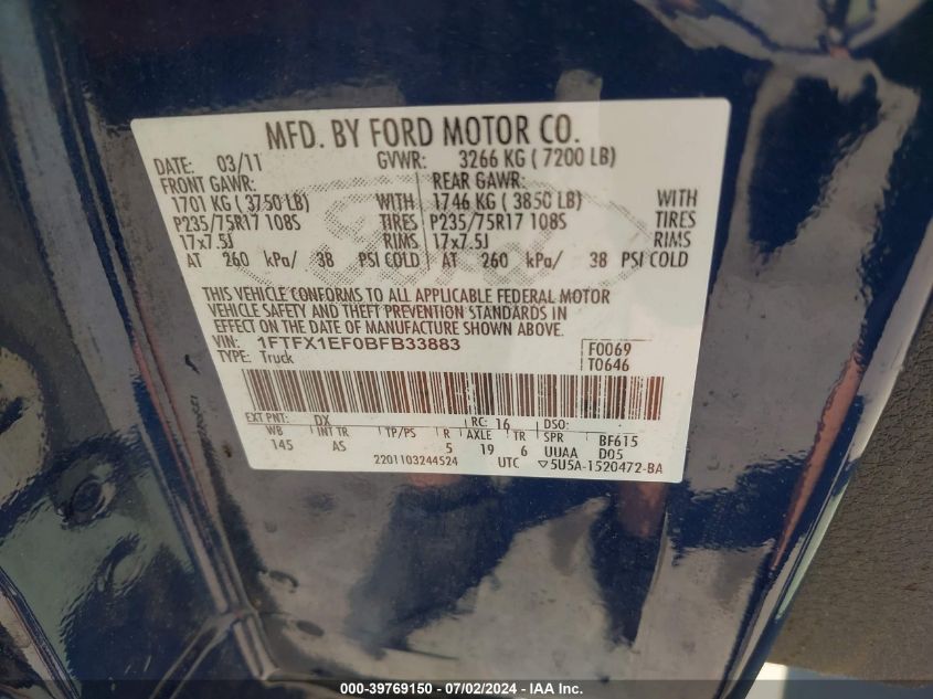 1FTFX1EF0BFB33883 | 2011 FORD F-150