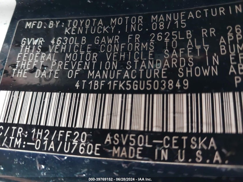 2016 Toyota Camry Se VIN: 4T1BF1FK5GU503849 Lot: 39769152