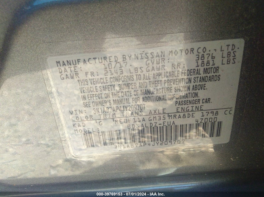 2018 Nissan Sentra Sv VIN: 3N1AB7AP4JY209707 Lot: 39769153