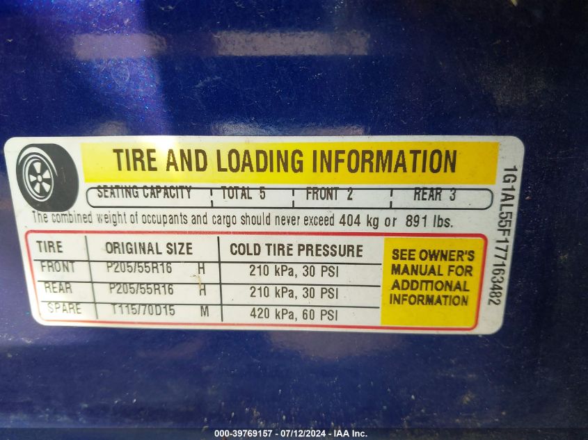 2007 Chevrolet Cobalt Lt VIN: 1G1AL55F177163482 Lot: 39769157