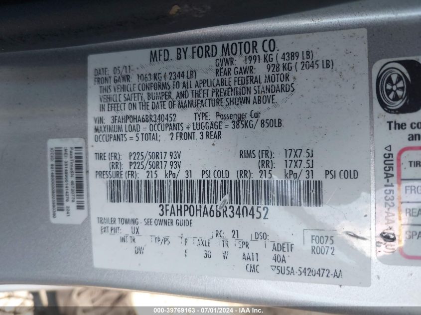 2011 Ford Fusion Se VIN: 3FAHP0HA6BR340452 Lot: 39769163