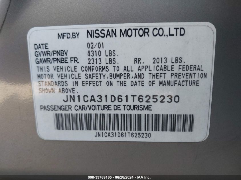 2001 Nissan Maxima Gxe VIN: JN1CA31D61T625230 Lot: 39769165