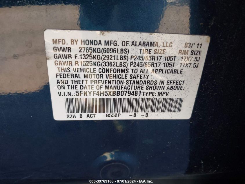 2011 Honda Pilot Ex-L VIN: 5FNYF4H5XBB079481 Lot: 39769168