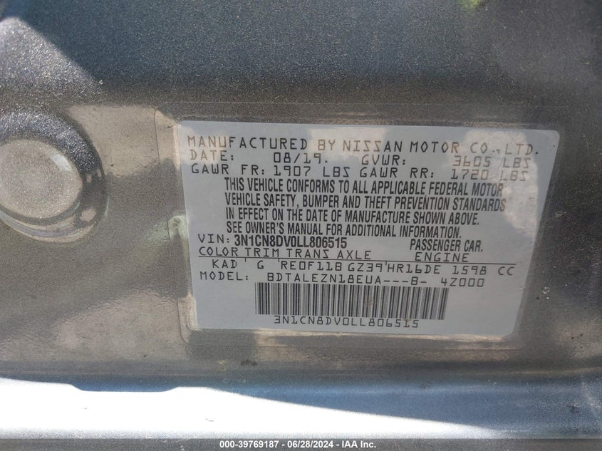 2020 Nissan Versa S Xtronic Cvt VIN: 3N1CN8DV0LL806515 Lot: 39769187