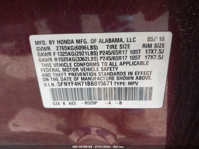 2011 Honda Pilot Ex-L VIN: 5FNYF4H71BB015671 Lot: 39769189