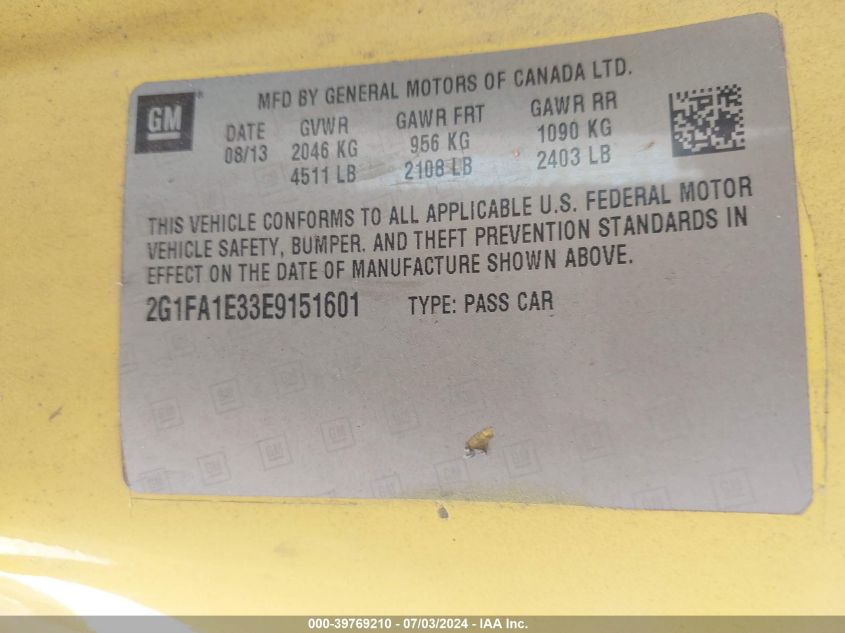 2014 Chevrolet Camaro 2Ls VIN: 2G1FA1E33E9151601 Lot: 39769210