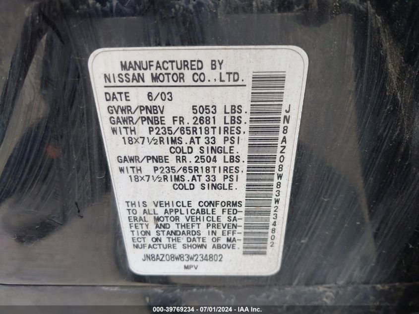 2003 Nissan Murano Sl VIN: JN8AZ08W83W234802 Lot: 39769234
