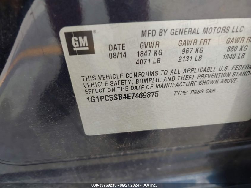 2014 Chevrolet Cruze 1Lt Auto VIN: 1G1PC5SB4E7469875 Lot: 39769235