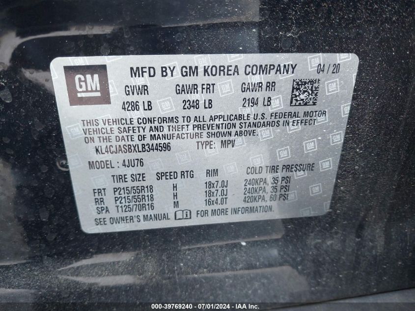 2020 Buick Encore Fwd Preferred VIN: KL4CJASBXLB344596 Lot: 39769240