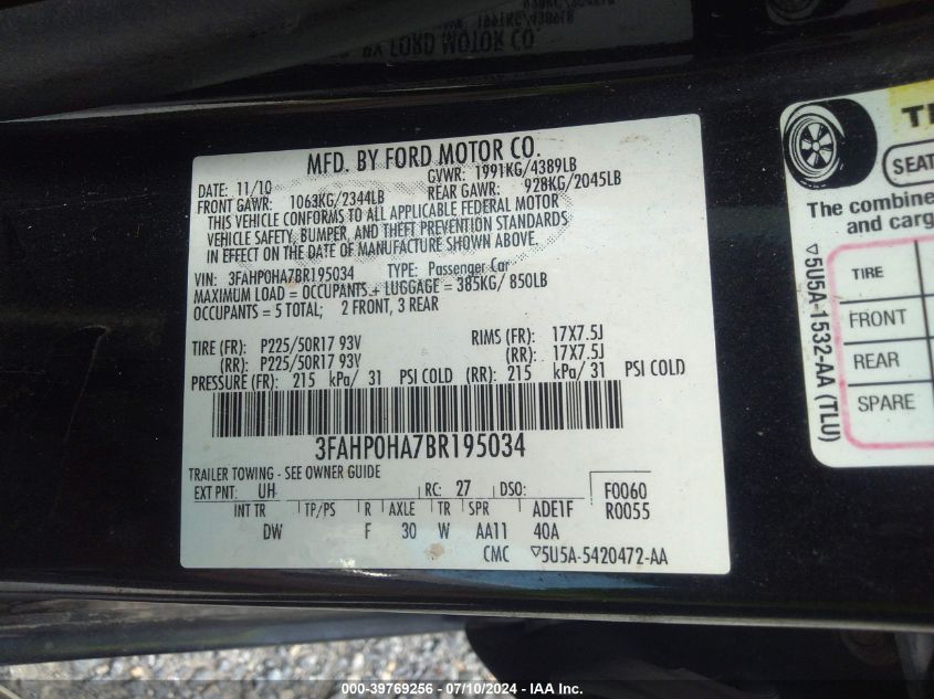 2011 Ford Fusion Se VIN: 3FAHP0HA7BR195034 Lot: 39769256