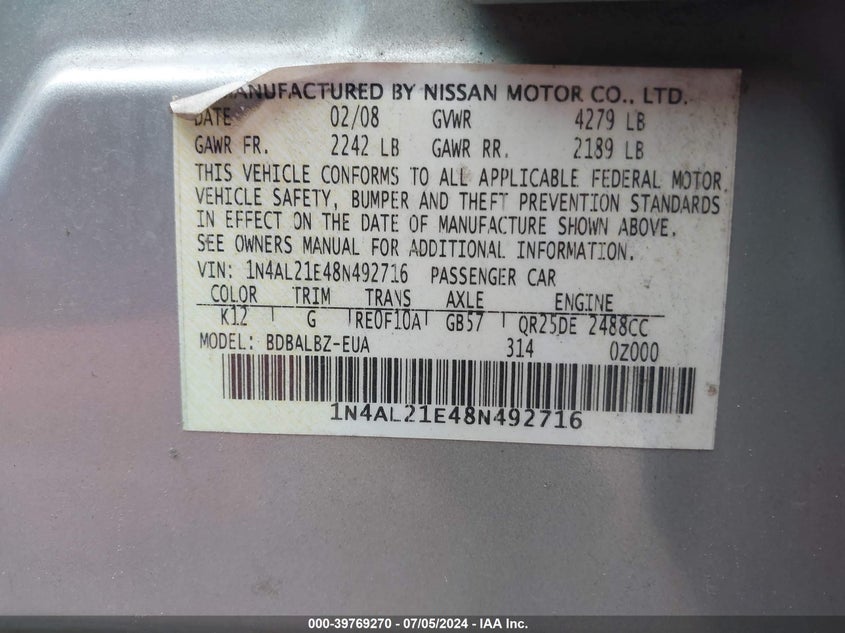 2008 Nissan Altima 2.5 S VIN: 1N4AL21E48N492716 Lot: 39769270