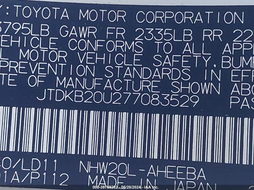 2007 Toyota Prius VIN: JTDKB20U277083529 Lot: 39769282