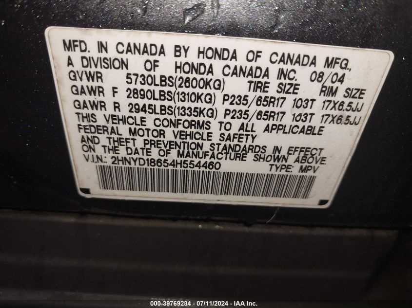 2004 Acura Mdx VIN: 2HNYD18654H554460 Lot: 39769284