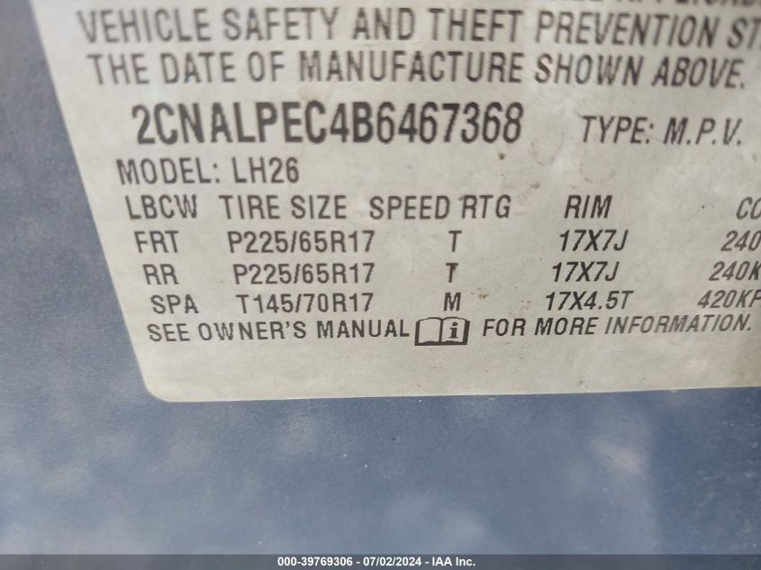 2011 Chevrolet Equinox 2Lt VIN: 2CNALPEC4B6467368 Lot: 39769306