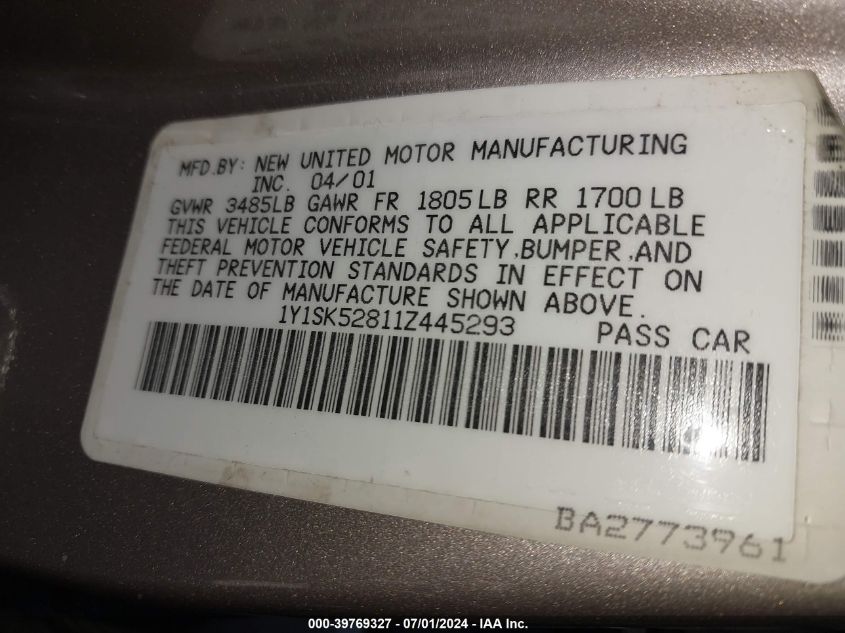 2001 Chevrolet Prizm VIN: 1Y1SK52811Z445293 Lot: 39769327