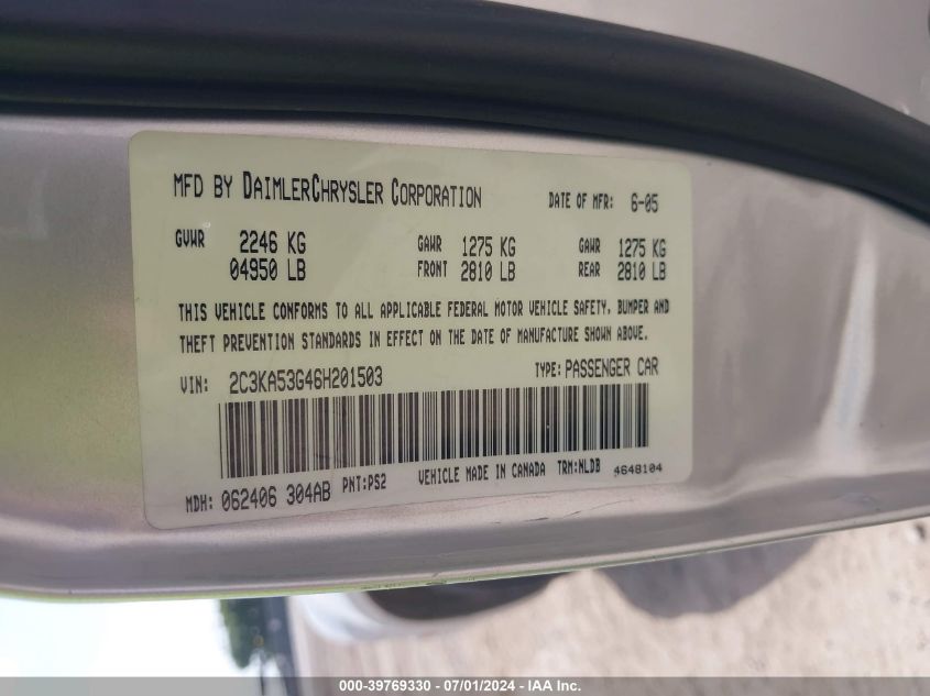 2006 Chrysler 300 Touring VIN: 2C3KA53G46H201503 Lot: 39769330