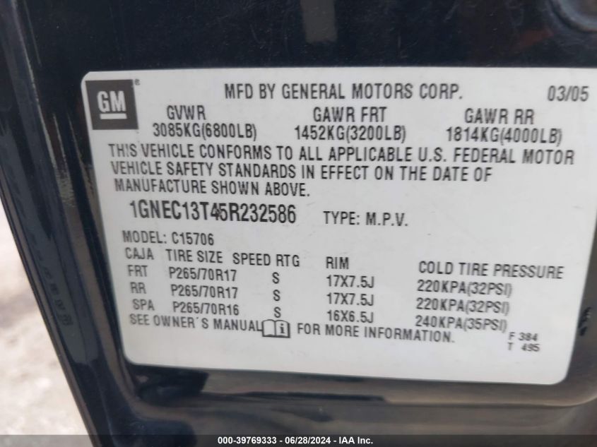 2005 Chevrolet Tahoe Lt VIN: 1GNEC13T45R232586 Lot: 39769333
