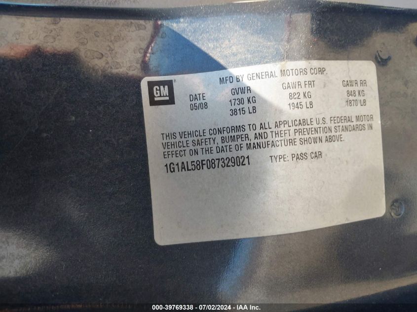 2008 Chevrolet Cobalt Lt VIN: 1G1AL58F087329021 Lot: 39769338