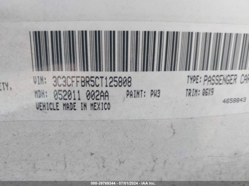 2012 Fiat 500 Sport VIN: 3C3CFFBR5CT125808 Lot: 39769344