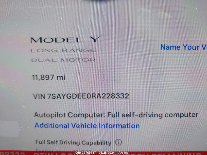 2024 Tesla Model Y Long Range Dual Motor All-Wheel Drive VIN: 7SAYGDEE0RA228332 Lot: 39769347