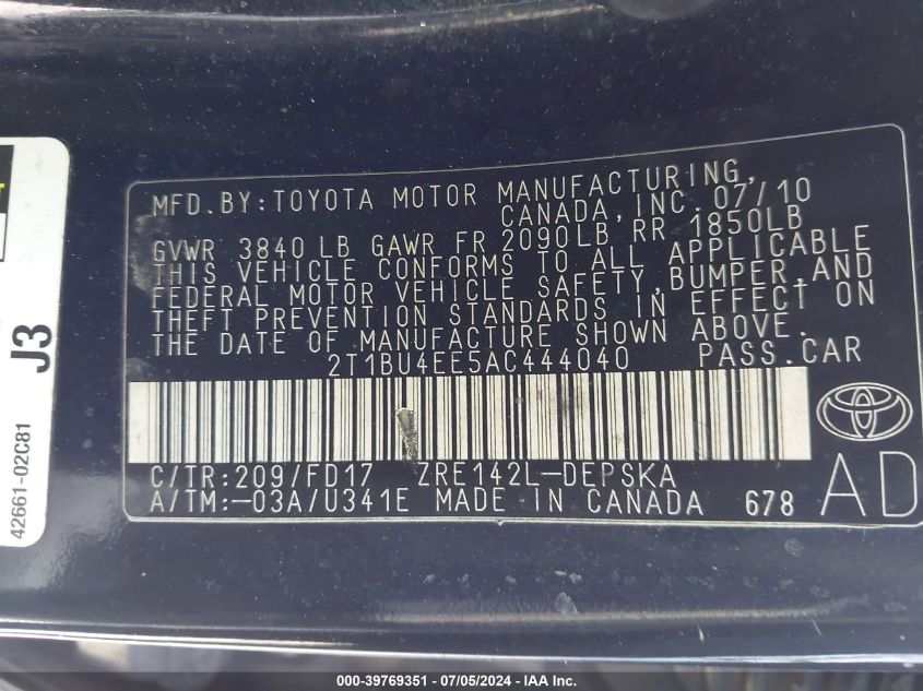 2010 Toyota Corolla S VIN: 2T1BU4EE5AC444040 Lot: 39769351