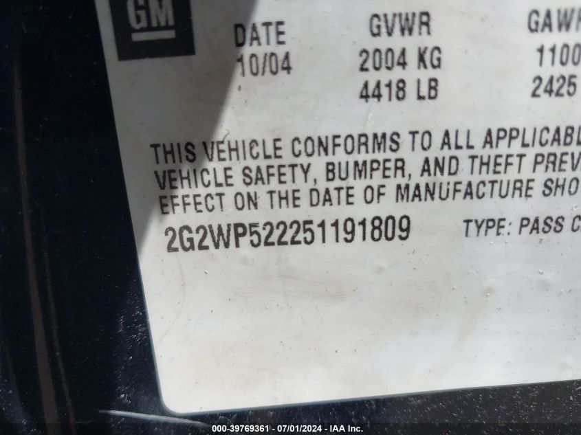 2005 Pontiac Grand Prix VIN: 2G2WP522251191809 Lot: 39769361