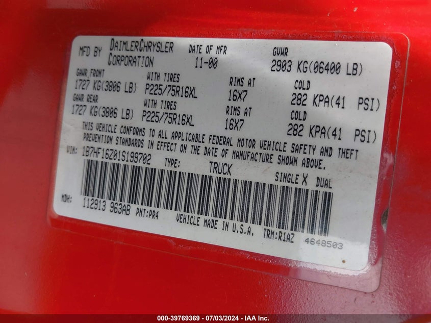 2001 Dodge Ram 1500 St VIN: 1B7HF16Z01S199702 Lot: 39769369