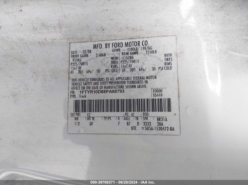2008 Ford Ranger Xl/Xlt VIN: 1FTYR10D88PA68793 Lot: 39769371