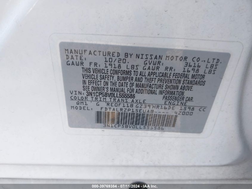 2020 Nissan Kicks S Xtronic Cvt VIN: 3N1CP5BV0LL555586 Lot: 39769384