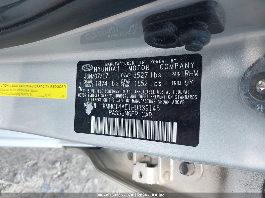 2017 Hyundai Accent Value Edition VIN: KMHCT4AE1HU339145 Lot: 39769386