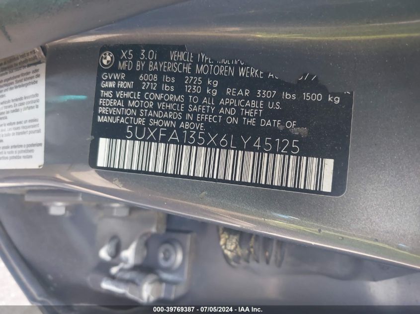 2006 BMW X5 3.0I VIN: 5UXFA135X6LY45125 Lot: 39769387