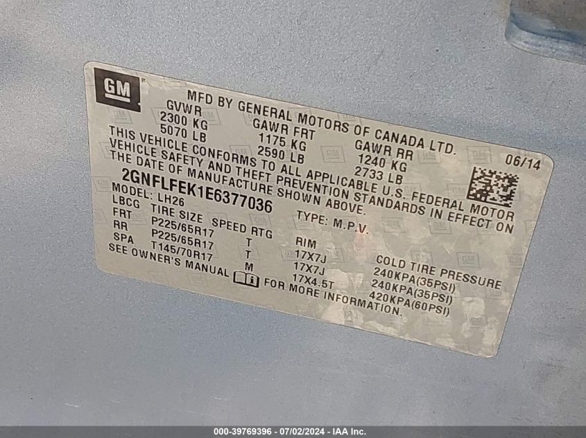 2014 Chevrolet Equinox 1Lt VIN: 2GNFLFEK1E6377036 Lot: 39769396