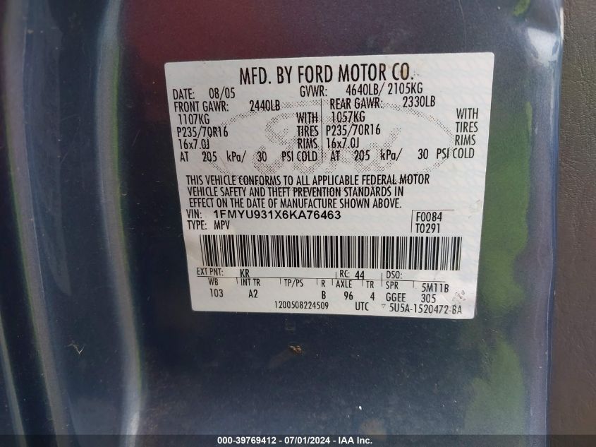 2006 Ford Escape Xlt/Xlt Sport VIN: 1FMYU931X6KA76463 Lot: 39769412