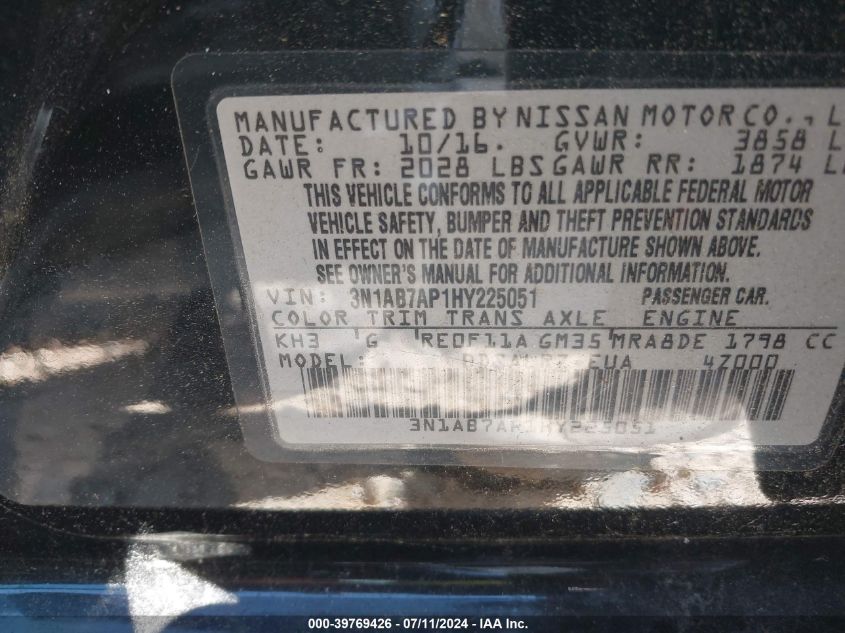 2017 Nissan Sentra Sr VIN: 3N1AB7AP1HY225051 Lot: 39769426