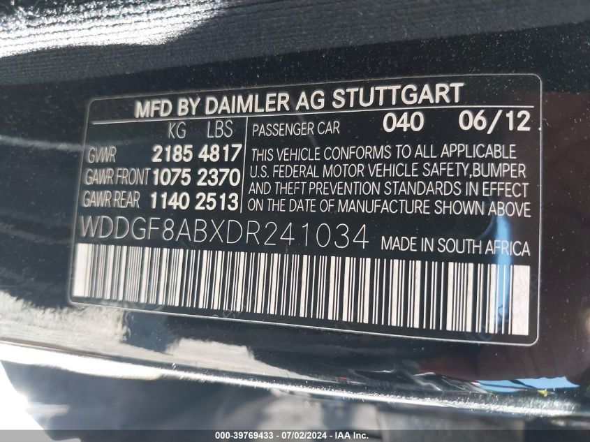 2013 Mercedes-Benz C 300 Luxury 4Matic/Sport 4Matic VIN: WDDGF8ABXDR241034 Lot: 39769433