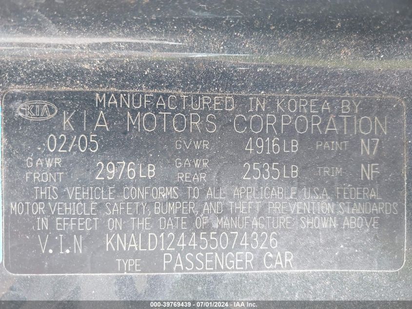 2005 Kia Amanti VIN: KNALD124455074326 Lot: 39769439