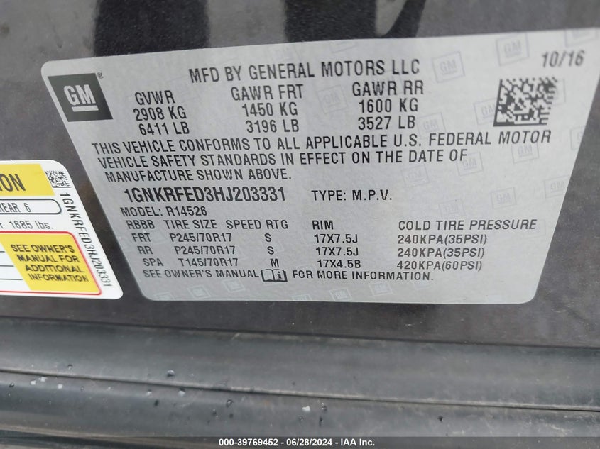 2017 Chevrolet Traverse Ls VIN: 1GNKRFED3HJ203331 Lot: 39769452