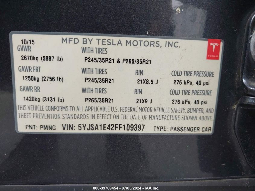 2015 Tesla Model S 85D/P85D VIN: 5YJSA1E42FF109397 Lot: 39769454