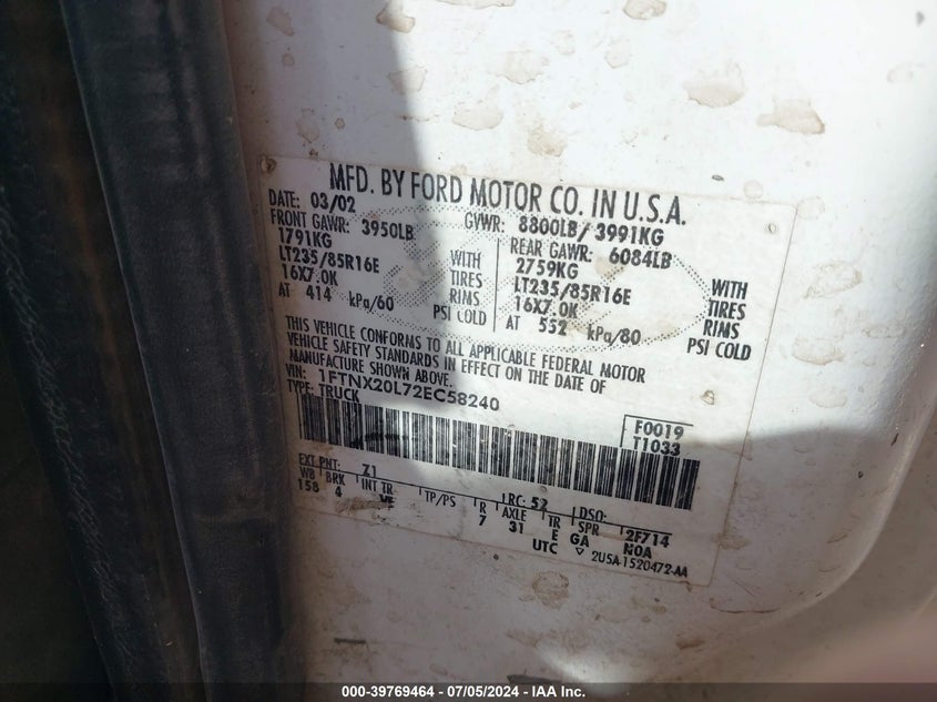 2002 Ford F-250 Lariat/Xl/Xlt VIN: 1FTNX20L72EC58240 Lot: 39769464