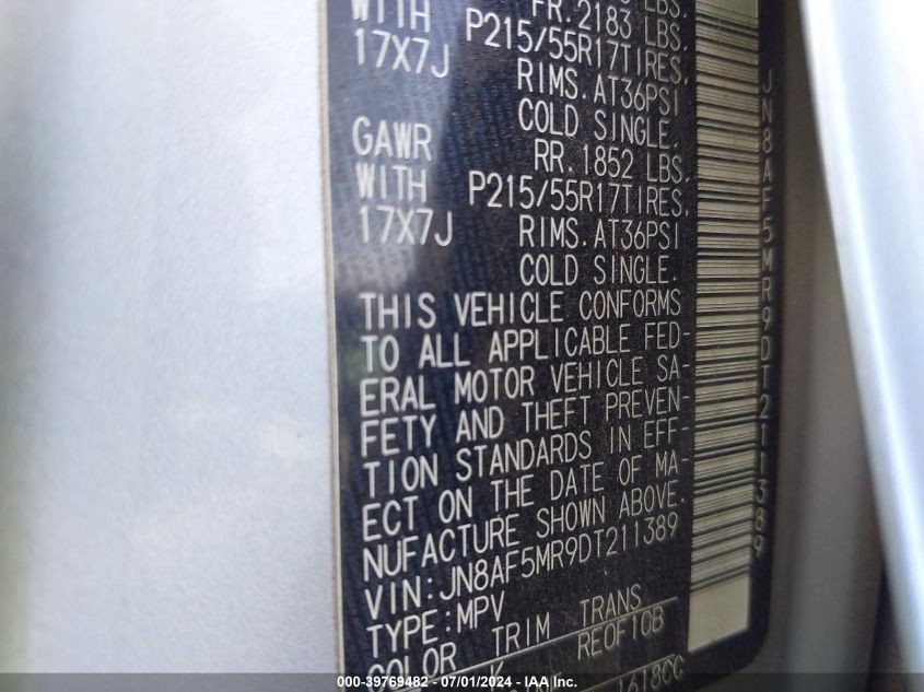 2013 Nissan Juke Sv VIN: JN8AF5MR9DT211389 Lot: 39769482