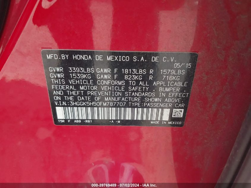 2015 Honda Fit Lx VIN: 3HGGK5H50FM787707 Lot: 39769489