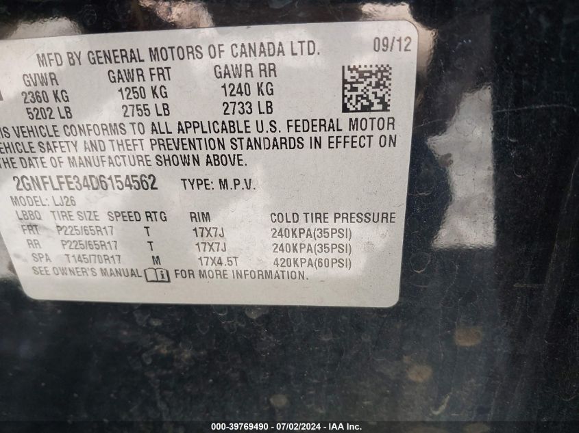 2013 Chevrolet Equinox Ltz VIN: 2GNFLFE34D6154562 Lot: 39769490