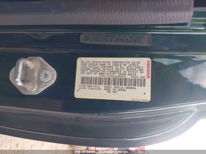 2002 Toyota Echo VIN: JTDAT123X20232410 Lot: 39769496